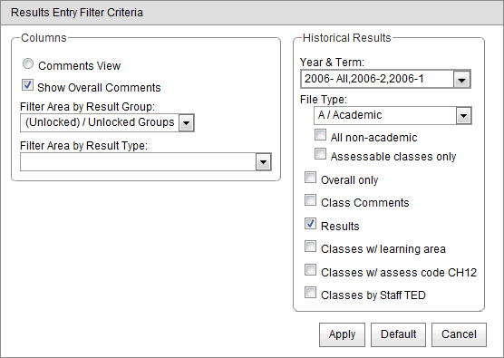 Results Entry Filter Criteria window
