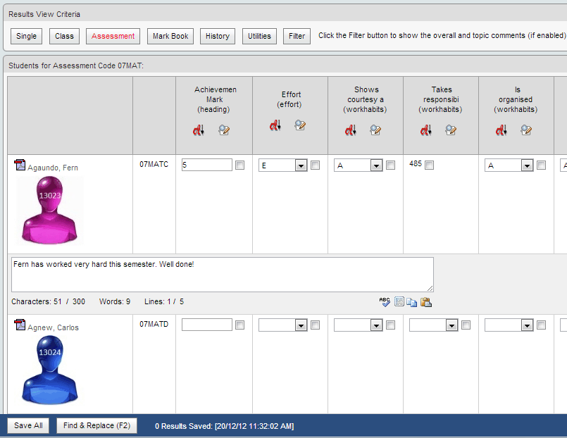 Results Maintenance - Assessment window