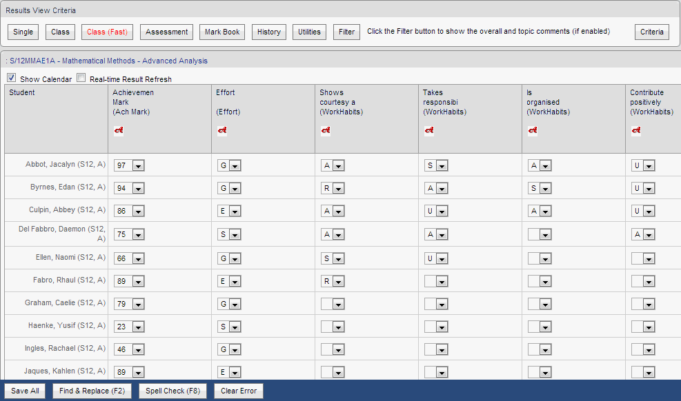 Results Maintenance - Class (Fast) window (synweb)