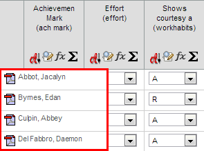 Results Maintenance - Class window (synweb, frozen columns highlighted)