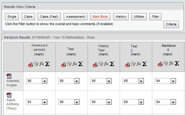 Results Maintenance - Mark Book window