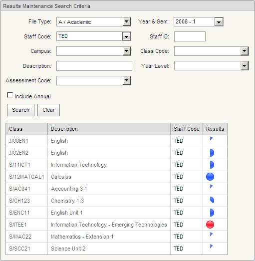 Results Maintenance Search window
