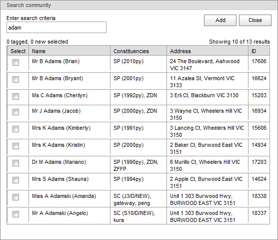 Search community window (synweb, search on adam)