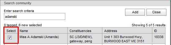 Search community window (synweb, search on adamski, selected, cut down)