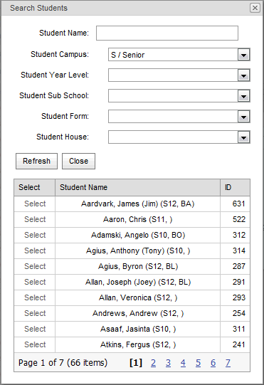 Search students window (add students in class maintenance, synweb)