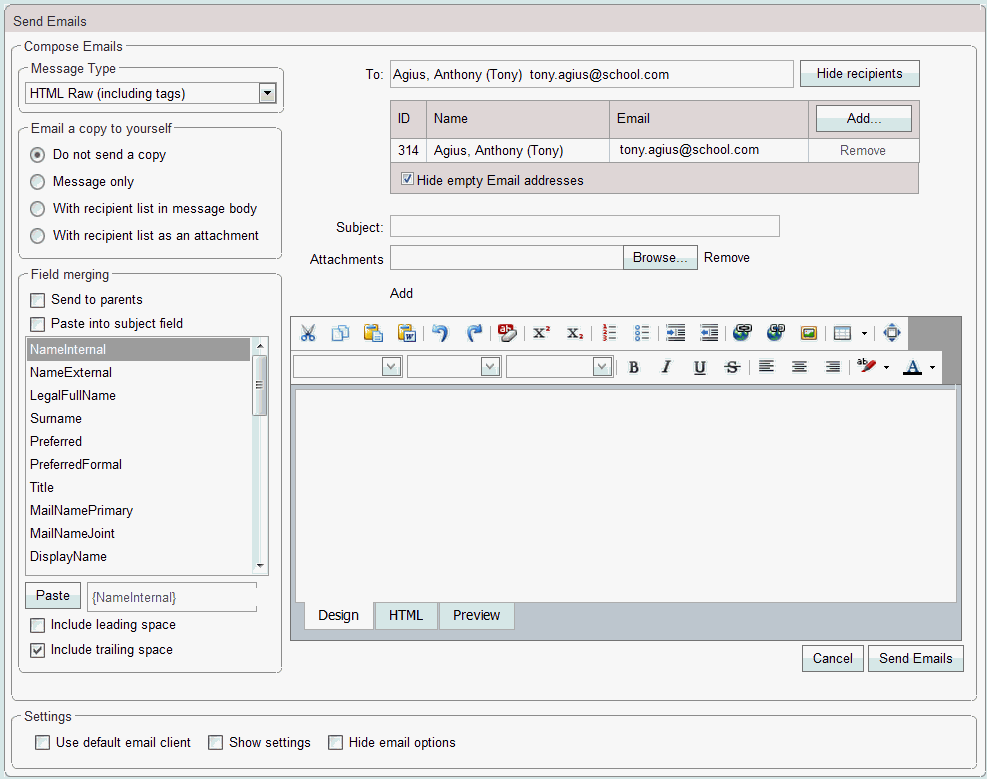 Send Email window (cut down)