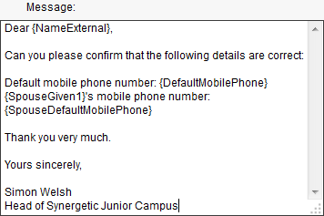 Send Emails window (Message field)