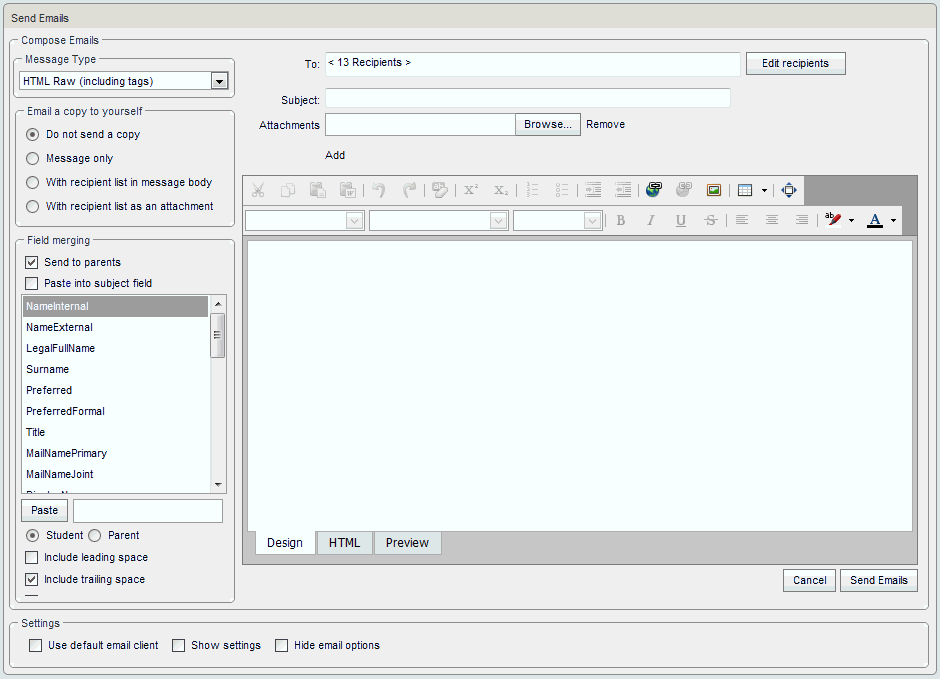 Send Emails window