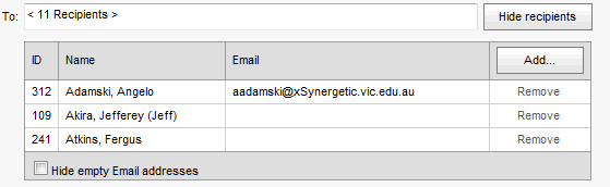 Send Emails window (Recipients area)
