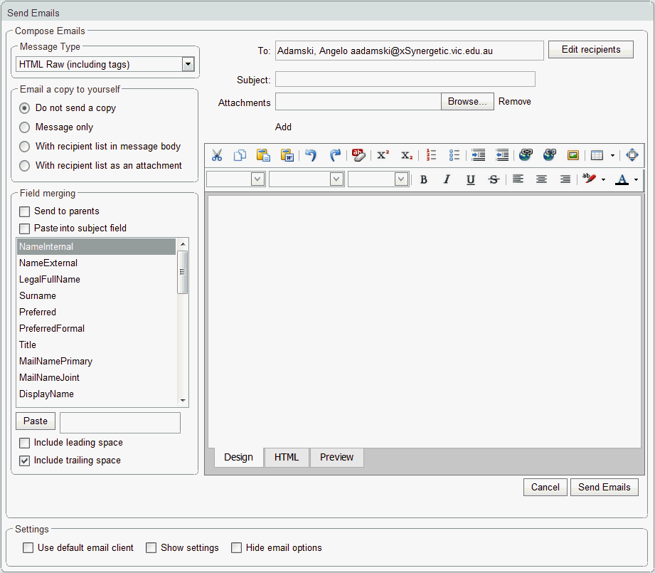 Send Emails window (single recipient, initial, synweb)