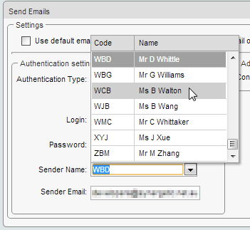 Send Emails window (synweb, selecting sender name for wn)