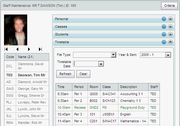Staff Maintenance - Timetable bar
