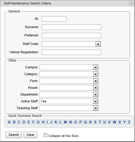 Staff Search Criteria window