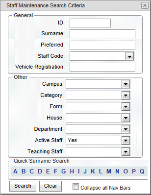 Staff Search Criteria window (cut down, synweb)