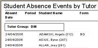 Student Absence Events by Tutor report