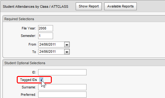 Student Attendances by Class window (cut down)