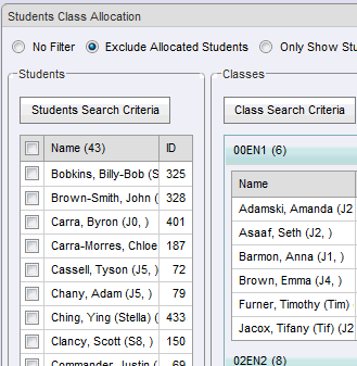 Student Class Allocation window (cut down, synweb)
