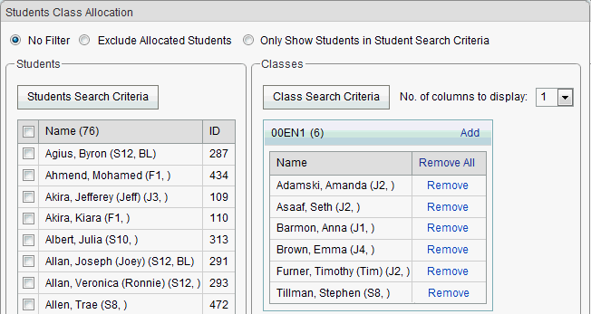 Student Class Allocation window (synweb)