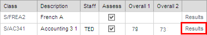 Results link (Student Maintenance - Classes bar)