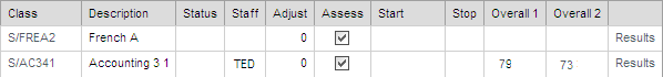 Student Maintenance - Classes bar (grid area)