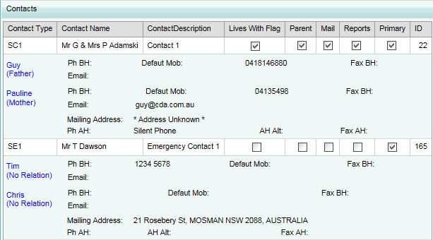 Student Maintenance - Contacts bar (cut down)