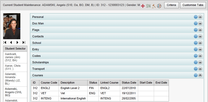 Student Maintenance - Courses bar (no Seq, synweb)