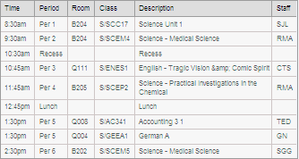 Student Maintenance - Timetable bar (grid area)