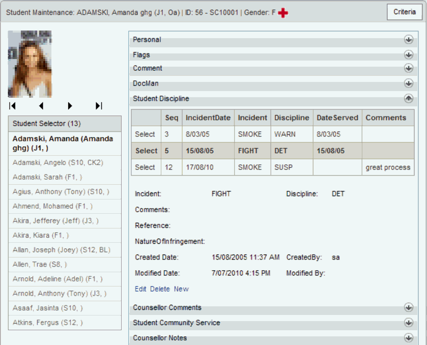 Student Maintenance - User Form example (Student Discipline, synweb)