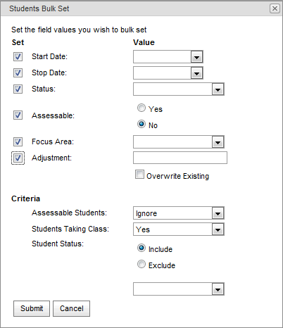 Students Bulk Set window (synweb)
