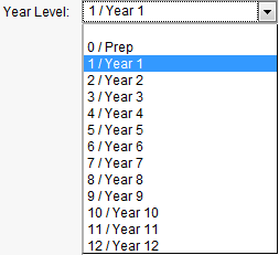 Year level drop-down list (Student Search Criteria window)