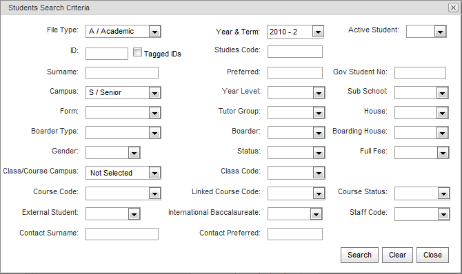 Students Search Criteria (synweb, class allocation)