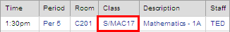 student timetable grid (synweb, cut down, class highlighted)