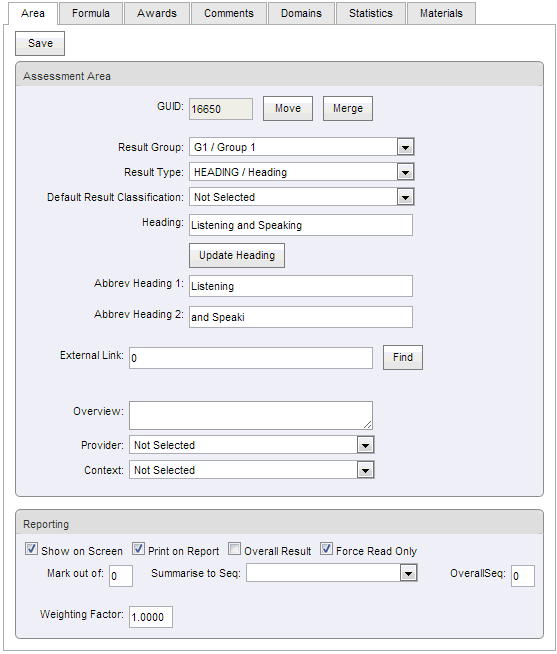 Subject Assessment Area Maintenance - Area bar - Area tab (synweb)