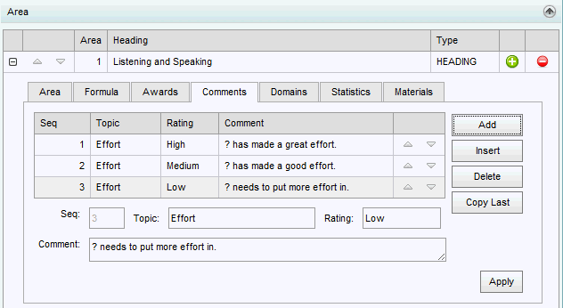 Subject Assessment Area Maintenance - Area bar - Comment tab (synweb)