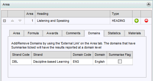 Subject Assessment Area Maintenance - Area bar - Domains tab