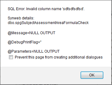 Subject Assessment Area Maintenance - Area bar - Formula sub-tab error message (synweb)