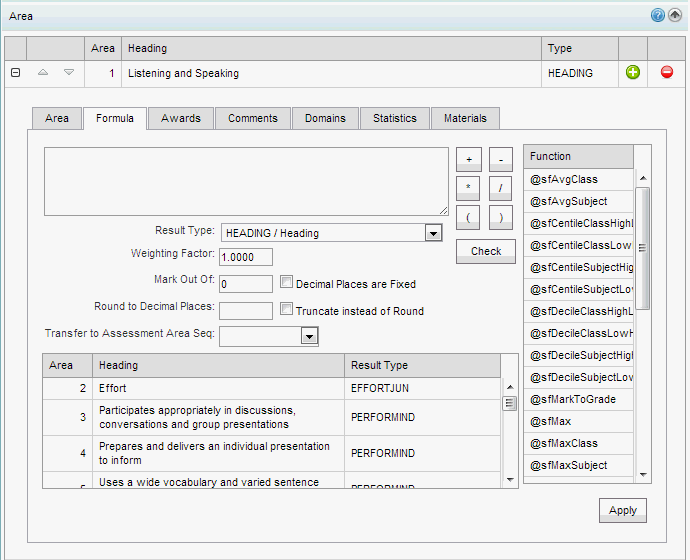Subject Assessment Area Maintenance - Area bar - Formula tab (synweb)