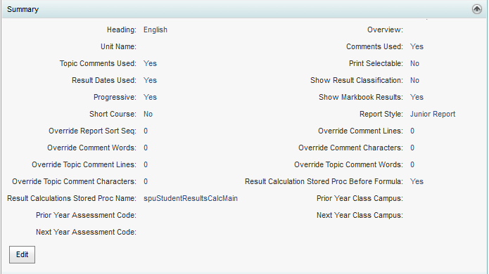 Subject Assessment Area Maintenance - Summary bar