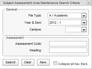 Subject Assessment Area Maintenance Search Criteria (synweb)