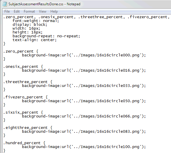 SubjectAssessmentResultsDone.css file in Notepad