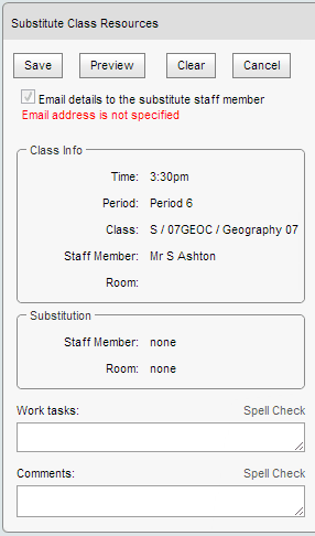 Substitute Class Resources window - substitution area (blank, synweb)