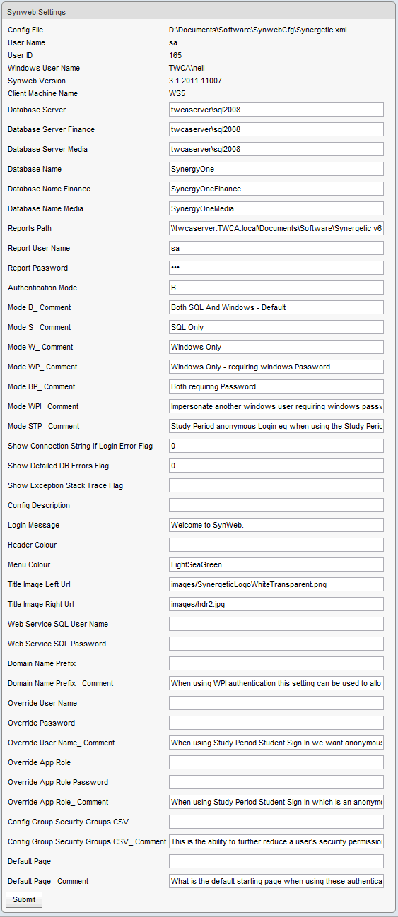Synweb Settings window