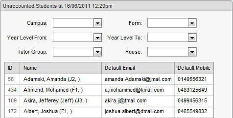Unaccounted Students window (synweb)
