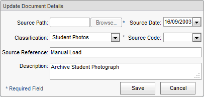 Update Document Details window (cut down)