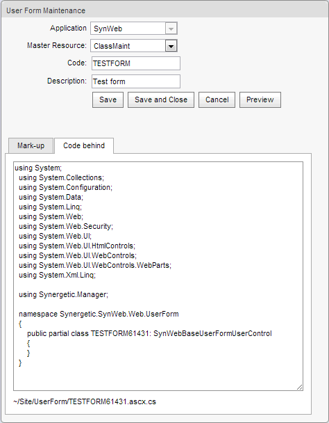 User Form Maintenance - Code behind tab(synweb)