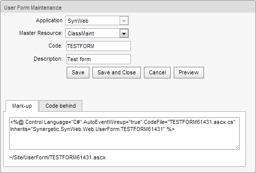 User Form Maintenance - Markup tab(synweb)