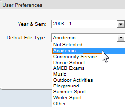 User Preferences window (Default File Type field, drop-down list)