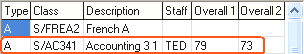 View Student Results (Class grid area fields, highlighted Overall 1/2 fields)