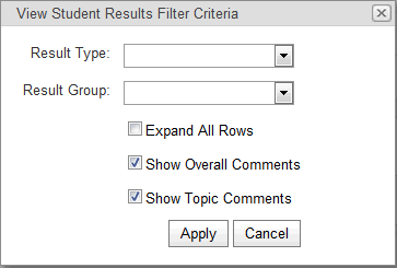 View Student Results Filter Criteria window