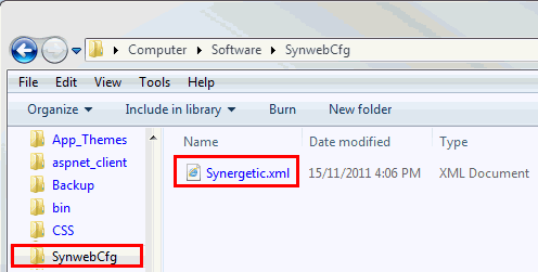 Windows Explorer - navigate to the SynwebCfg directory, Synergetic xml file